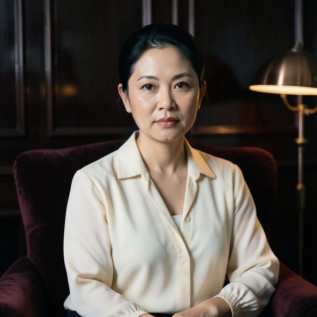 Portrait of Siriwan Phakdee seated in a burgundy chair beside dark wood panelling