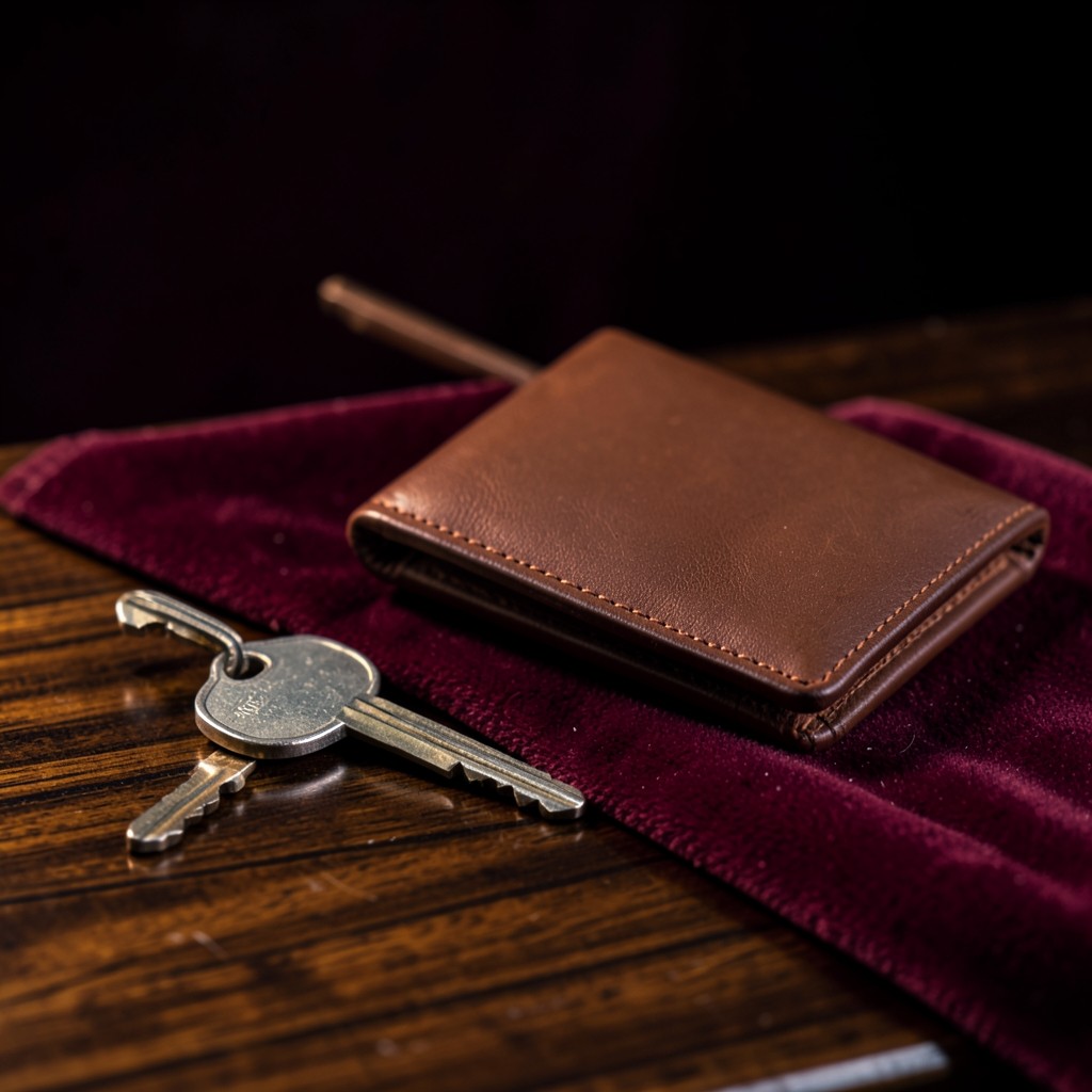 A plain car key and a closed leather wallet on dark lacquered wood