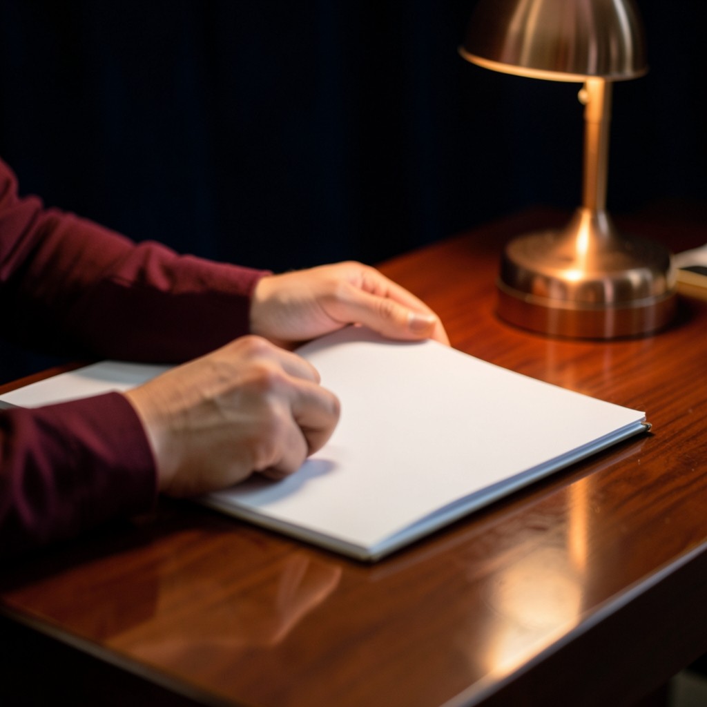 Adult hands sliding blank sheets into a plain folder on a wood desk
