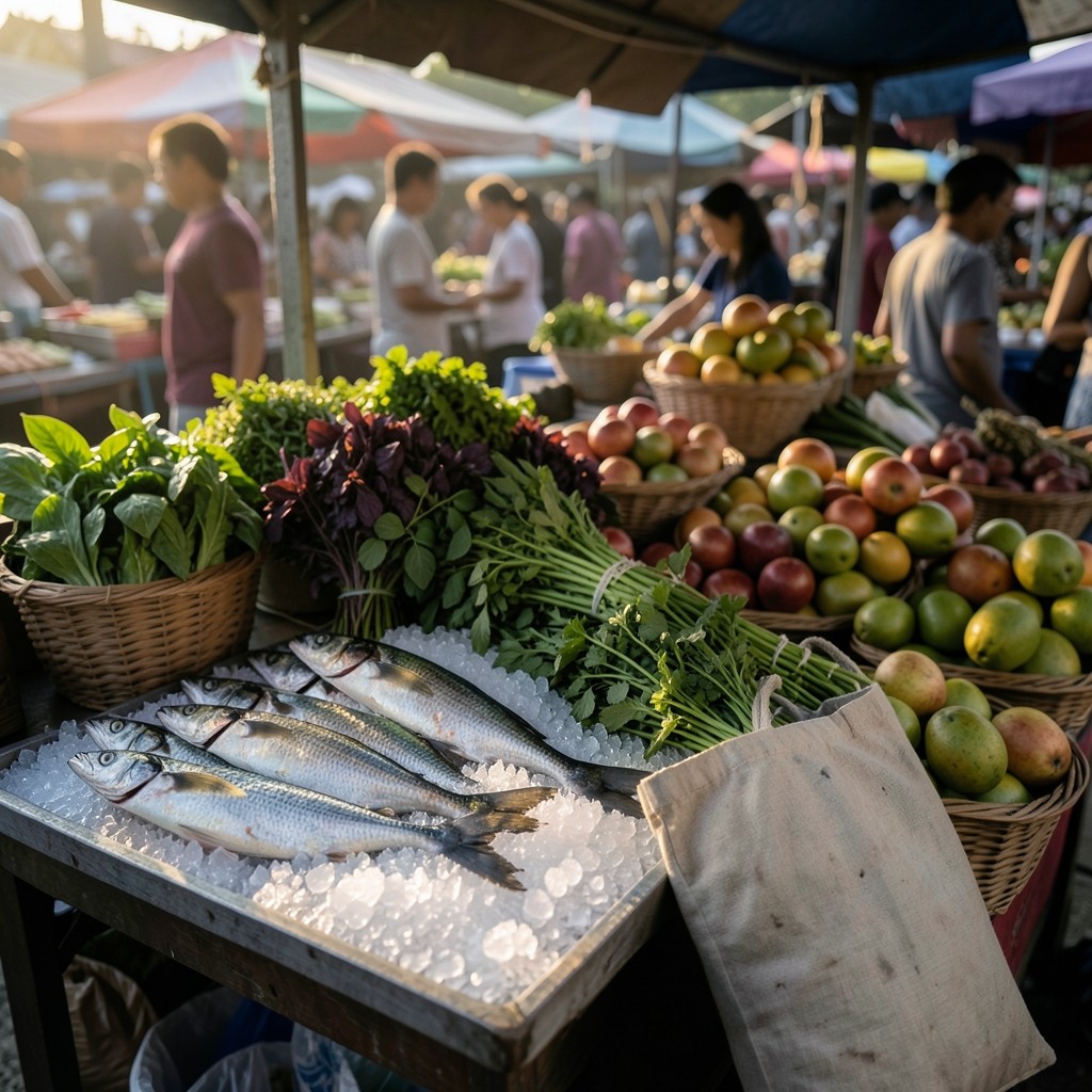 A southern morning market stall with fish, herbs, and fruit in warm early light