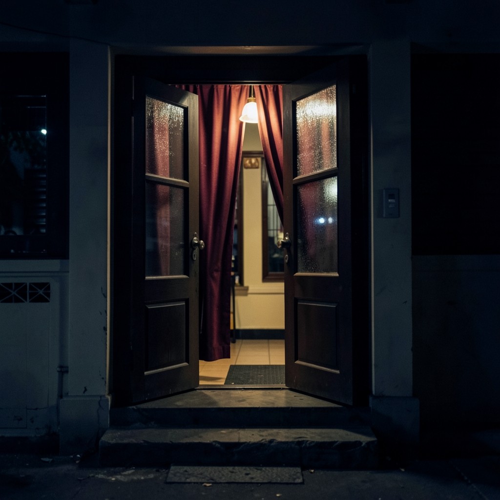 A shophouse doorway at night with copper light spilling onto the step