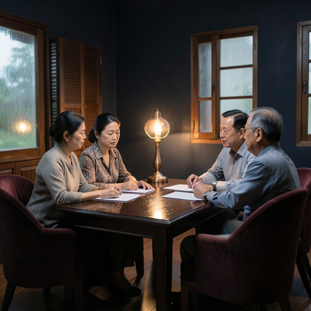 Evening consultation in a wood-panelled room, with a planner and a couple seated beside a copper lamp