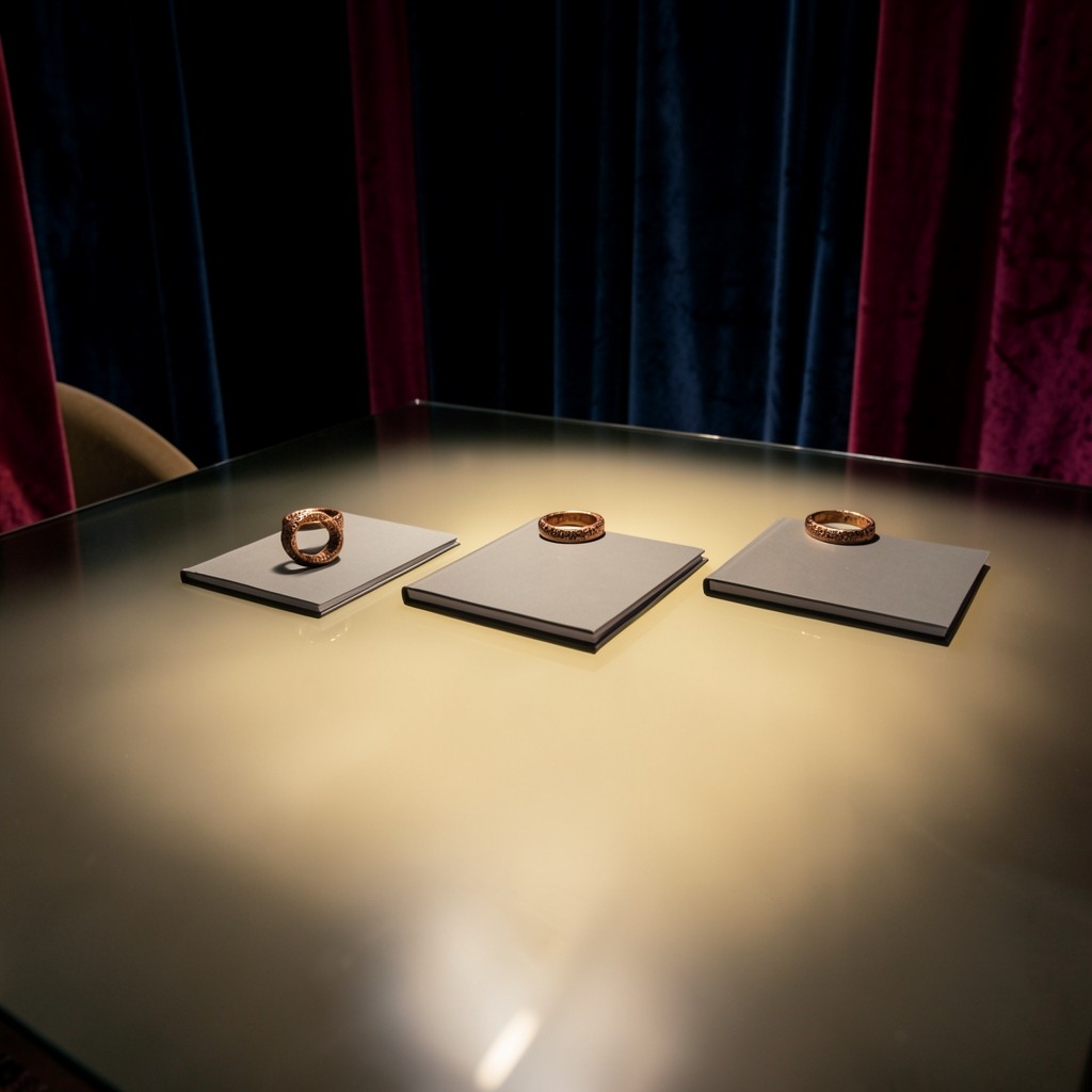 Three plain folders in a row on a long lacquered table under warm light