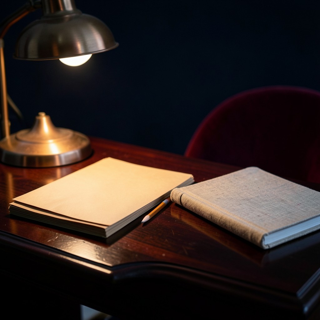 Envelopes and a closed notebook waiting on a dark wooden desk