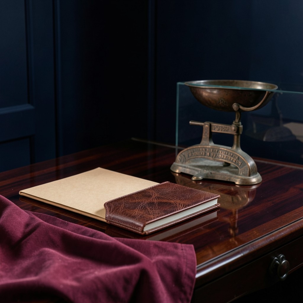 A single folder on lacquered wood next to a copper scale