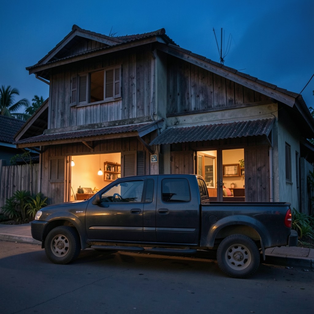 A plain pickup truck parked at dusk outside a shophouse with warm light in the window